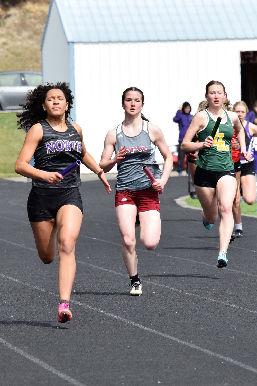 W.F. West's Amanda Bennett runs in a relay at the Lil Norway Invite April 16.